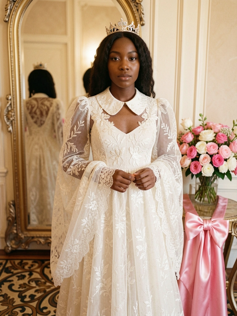 Vestido de renda off-white com gola Peter Pan e mangas bufantes, mulher negra segurando xale transparente, fundo com piso padronizado e espelho ornamentado.