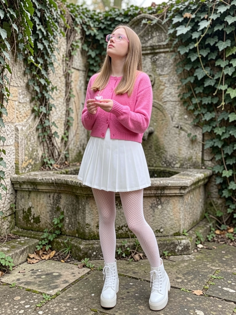 Moça de óculos rosa e cardigan rosa, saia plissada branca, meia arrastão e bota plataforma brancas, segurando pingente coração rosa em jardim de pedra com fonte e hera, luz difusa.