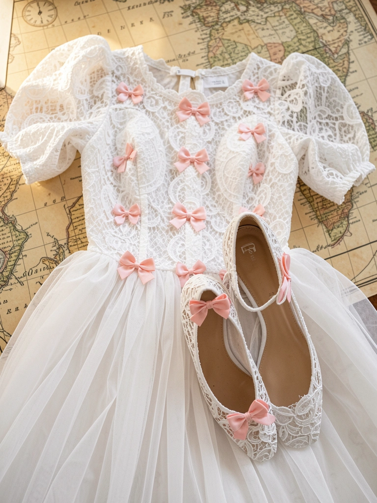 Vestido de renda branca com mangas bufantes e lacinhos rosa, sapatos de renda com laço rosa, fundo de mapa vintage com luz natural.