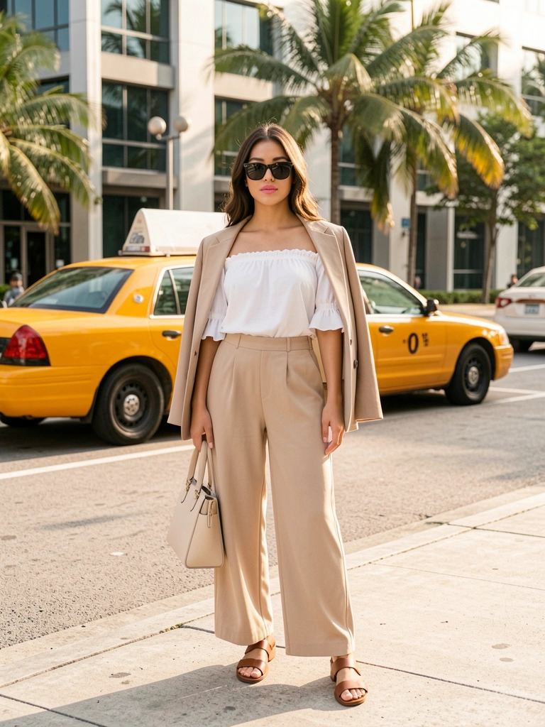 Jovem de blusa branca com babado, calça bege e sandálias marrons em rua com táxi amarelo e prédio moderno, luz natural intensa.