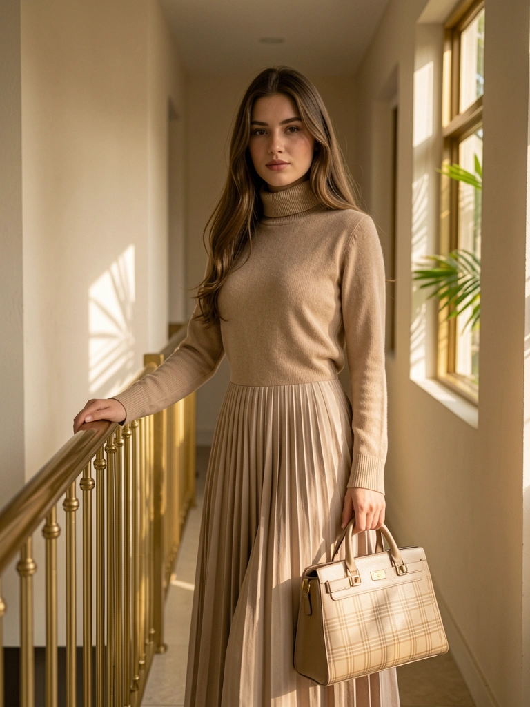 Mulher de vestido bege plissado e bolsa xadrez, mão apoiada em corrimão dourado, corredor neutro com luz natural.