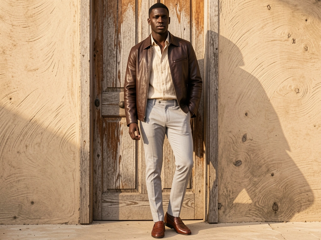 Jovem negro com jaqueta de couro marrom e camisa de linho bege em pose casual contra porta rústica de madeira, luz natural.