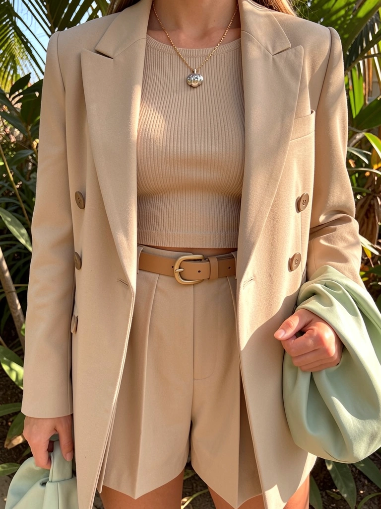 Blazer bege de lapelas, cinto de couro marrom com fivela grande e bolsa verde-clara em mão, luz natural filtrada por folhagens.