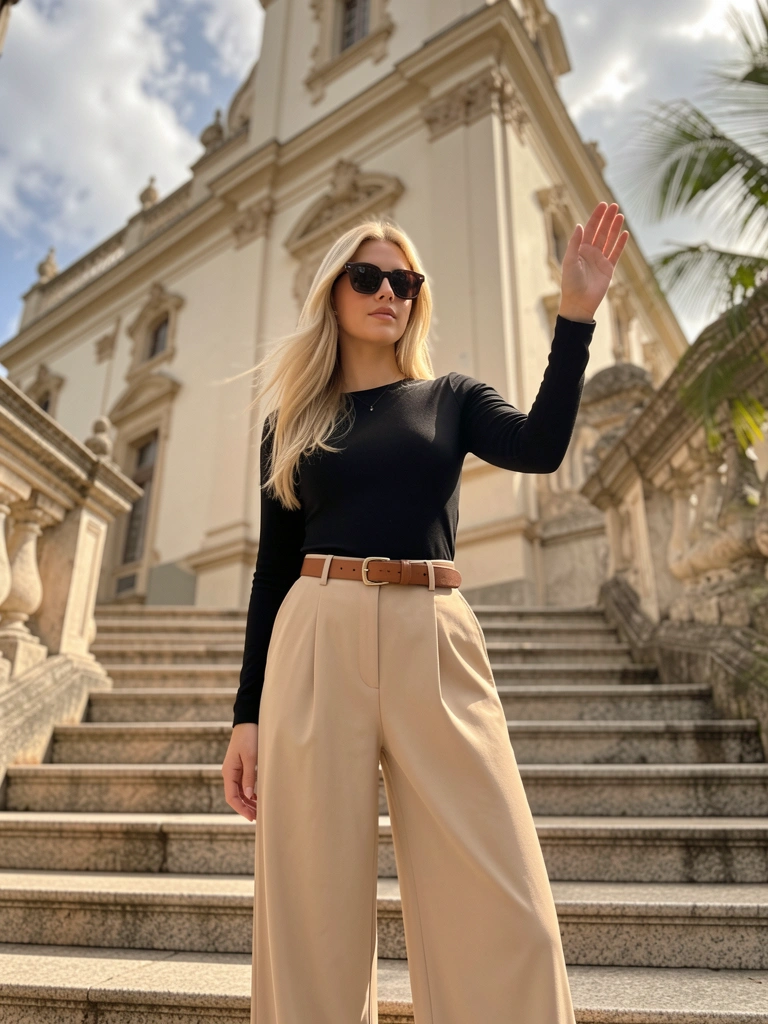 Mulher de calça bege de cintura alta e blusa preta posa em escadaria de pedra diante de prédio claro com detalhes ornamentais; luz natural quente e brisa suave.