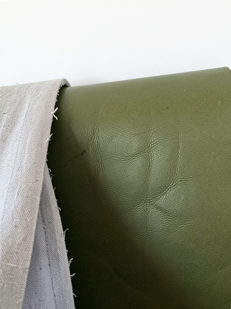 Sala de estar com sofá verde musgo, parede de tijolos aparentes e piso de madeira clara sob luz natural.