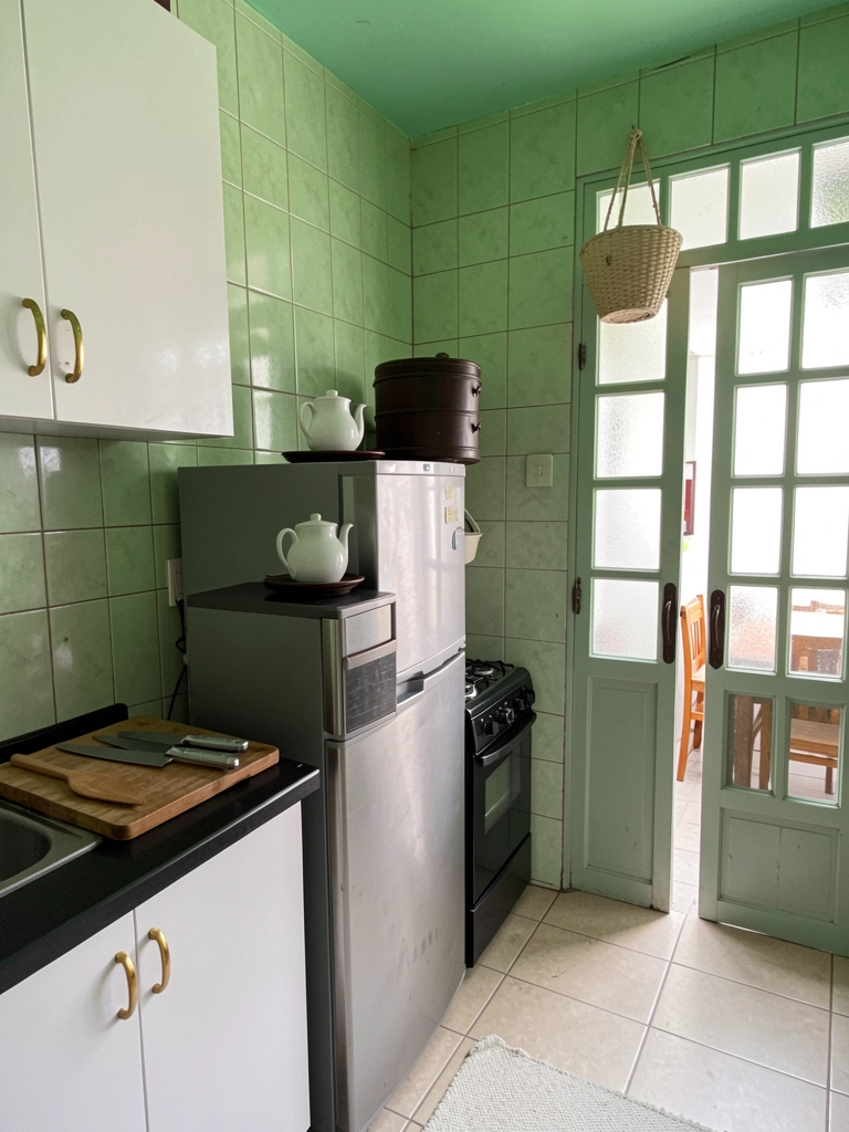 Sala de estar com sofá verde musgo, parede de tijolos aparentes e plantas em vasos de cerâmica.