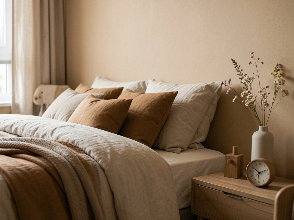Cama com roupa de cama neutra e almofadas em tons terrosos, mesa de cabeceira com vaso minimalista e flores, parede bege clara, luz natural de baixo ângulo.