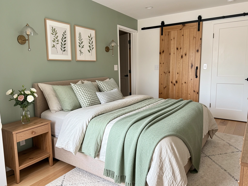 Parede verde sálvia com gravuras botânicas, cama com cobertor verde claro e almofadas xadrez, criado-mudo de madeira com vaso de flores.