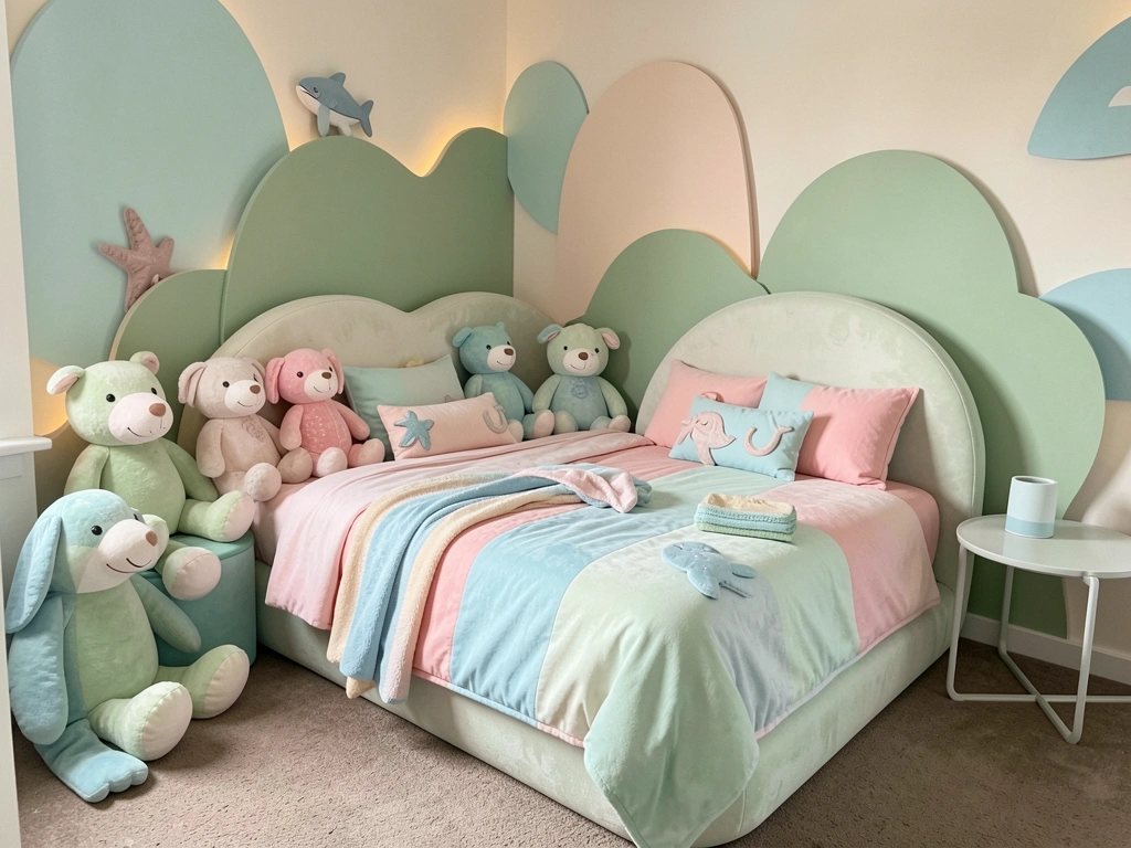 Cama de formato arredondado com roupa de cama rosa e verde, bichos de pelúcia grandes, parede com formas abstratas e luz suave.