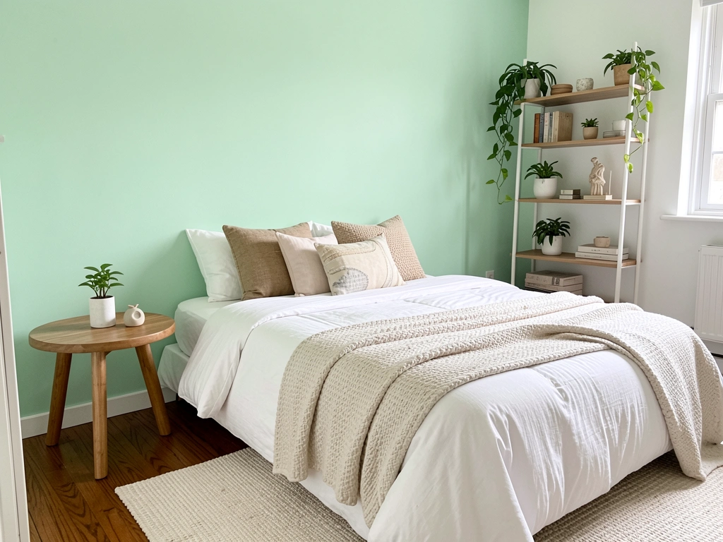 Parede verde menta, cama com edredom branco e manta texturizada, mesa redonda de madeira com vaso de planta, estante com vasos, piso de madeira e tapete claro, luz natural suave.