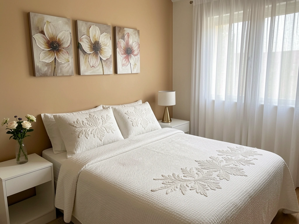 Cama com edredom texturizado branco e almofadas com bordados florais, parede bege com três quadros abstratos, cortinas de voil, mesa de cabeceira com vaso e luminária.