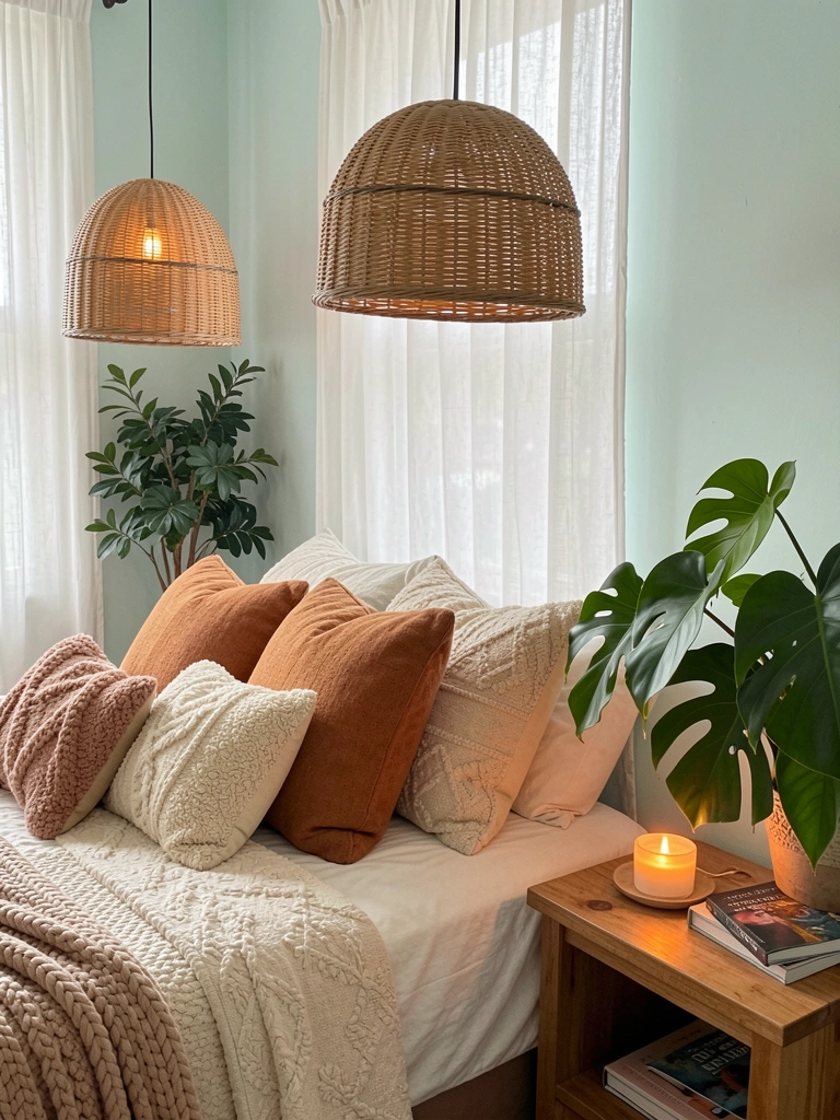 Cama com almofadas texturizadas em tons quentes, abajur de vime pendente e plantas verdes ao lado de mesa de madeira com vela e livros.