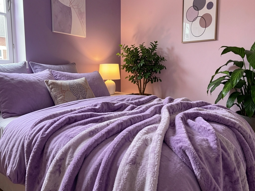 Cama com roupa de cama roxa levemente desarrumada, abajur aceso sobre criado-mudo, vasos de plantas verdes ao lado, parede em tons de rosa e lilás.