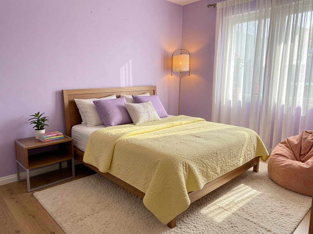 Cama com colcha amarela e almofadas roxas, parede lavanda, abajur aceso e tapete felpudo.