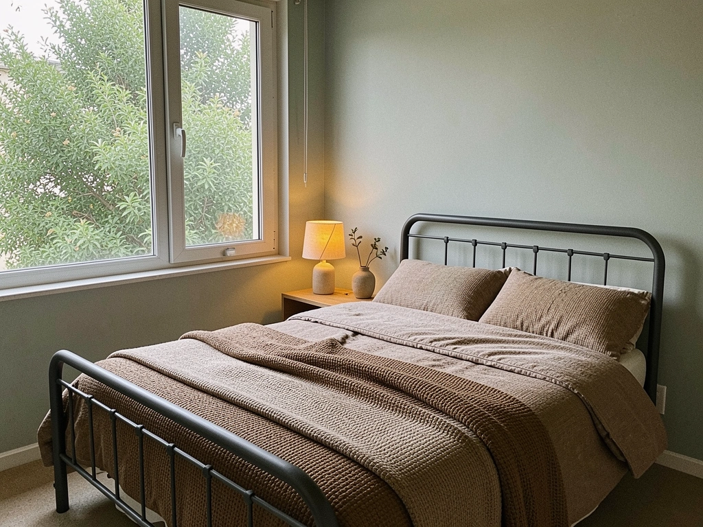 Cama de metal minimalista com roupa de cama texturizada em tons terrosos, luz natural entrando por janela com verde ao fundo, criado-mudo com vaso e luminária de tom quente.
