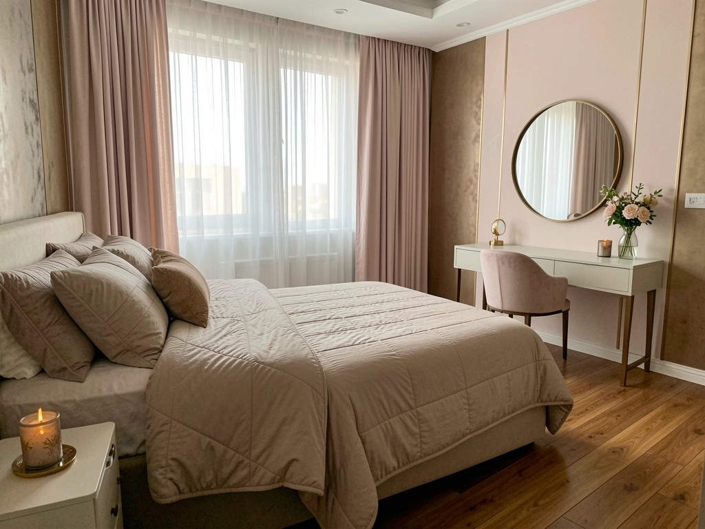 Cama com edredom acolchoado neutro, luz difusa por cortina translúcida e espelho redondo acima de escrivaninha minimalista.