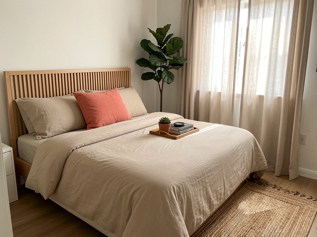 Cama com roupa de cama bege clara, almofada coral e cabeceira de ripas de madeira; bandeja com suculenta e livros, tapete de juta e cortina neutra com luz filtrada.