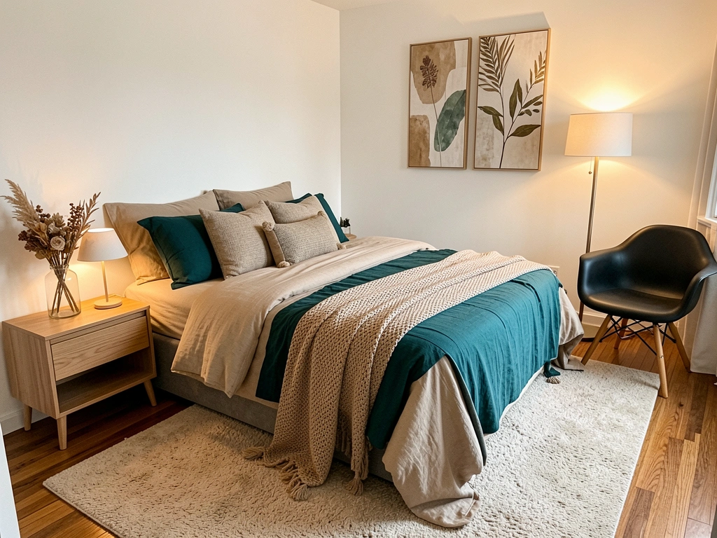 Cama com lençóis bege e teal, manta texturizada e almofadas, cabeceira estofada, abajur minimalista e vaso com flores secas ao lado, parede branca com quadro abstrato, cadeira preta e luminária de chão, piso de madeira e tapete felpudo, iluminação natural quente, ângulo levemente elevado.