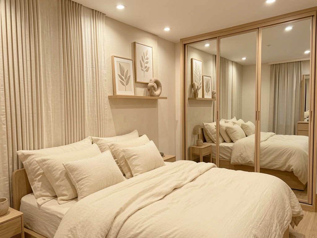 Cama com roupa de cama creme e almofadas fofas, parede com tecido de pregas verticais e armário espelhado refletindo luzes embutidas.