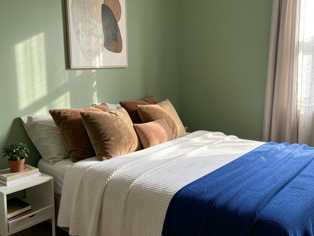 Cama com colcha branca texturizada, travesseiros em tons terrosos, manta azul e parede verde sálvia, com luz filtrada por cortinas.