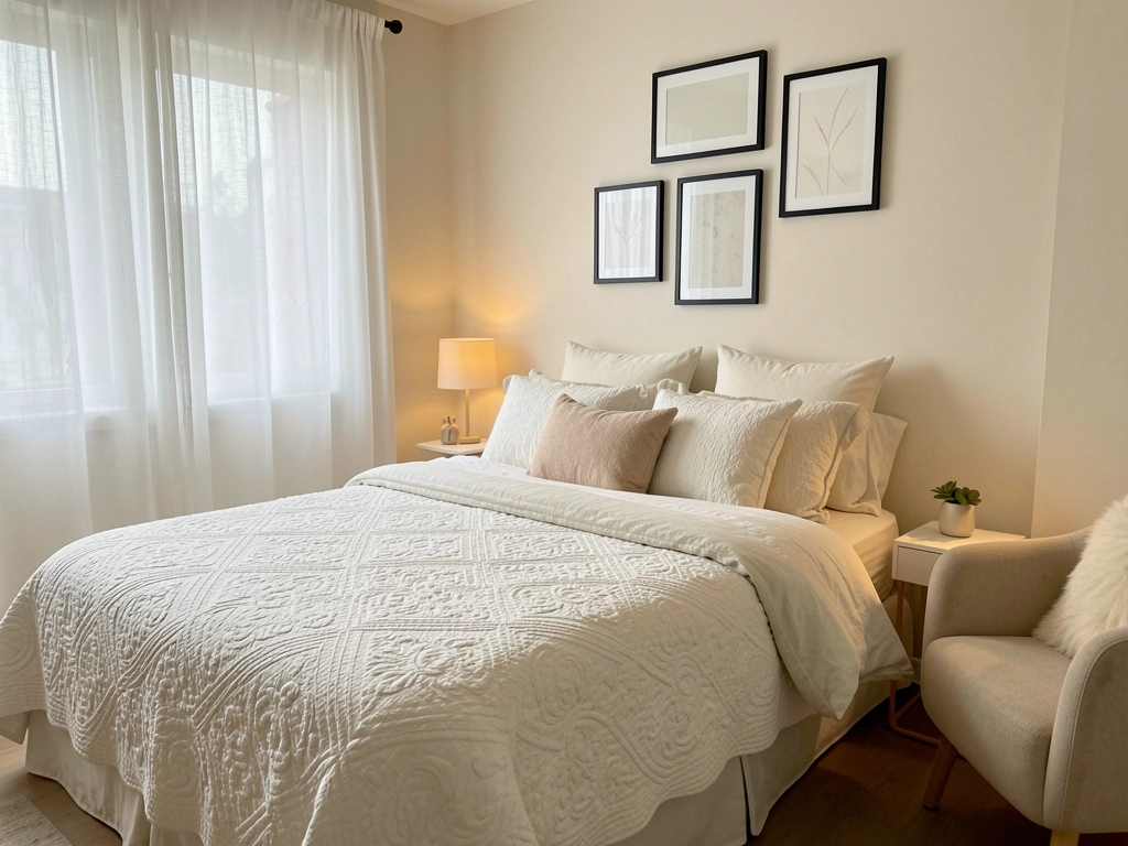 Cama com colcha branca texturizada e muitos travesseiros, mesa lateral com abajur aceso e poltrona estofada ao lado, luz natural filtrada por cortinas.