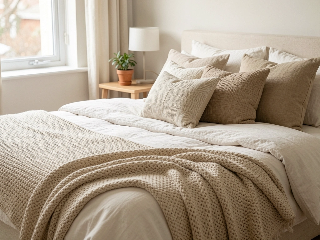 Cama com almofadas texturizadas e manta de tricô, mesa lateral com vaso de planta e luminária minimalista, luz natural difusa da janela, ângulo elevado.