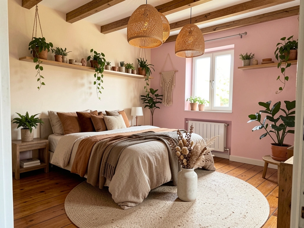 Cama com edredom neutro e almofadas, vigas de madeira, tapete redondo, vaso com flores secas e luminárias pendentes de fibra.
