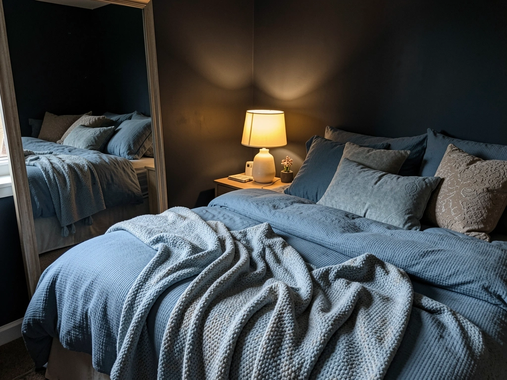 Cama com roupa de cama azul texturizada, abajur aceso projetando sombras, parede escura e espelho refletindo o quarto.