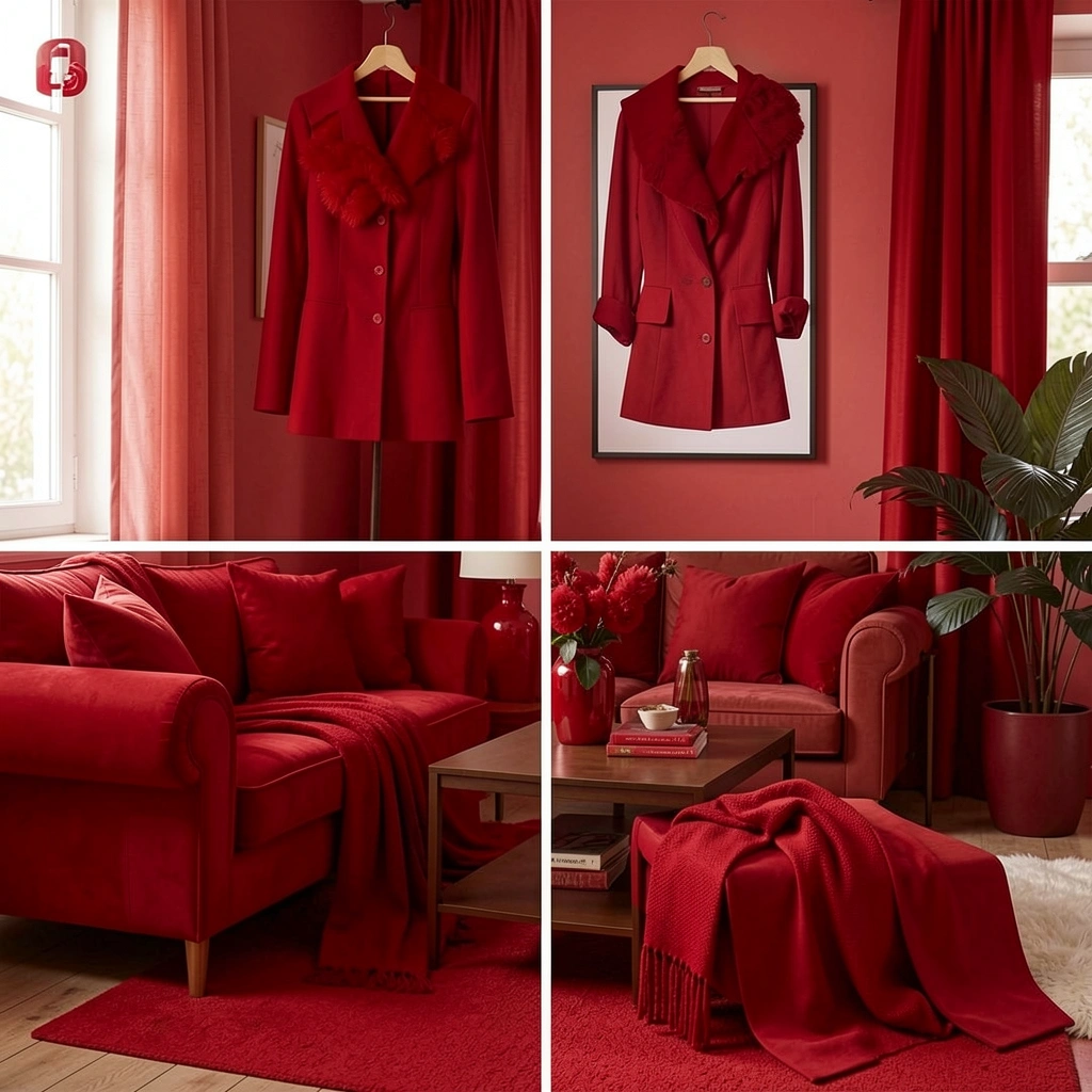Vermelho em detalhes de moda e decoração: sofá, parede e acessórios, com luz natural e tons neutros ao redor.
