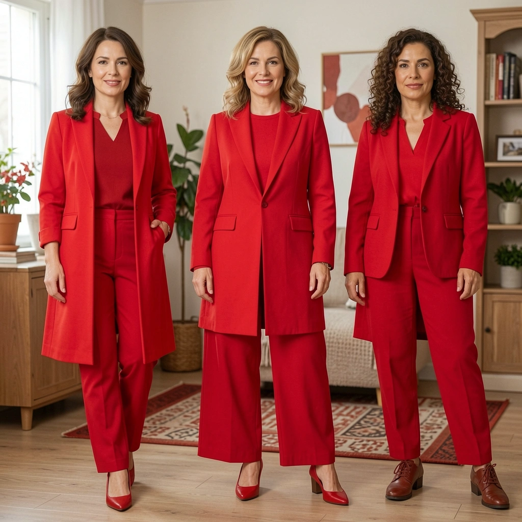 Três mulheres em vestidos vermelhos de diferentes tons e texturas, uma com saia plissada, outra com blazer e calça, e a terceira com vestido fluido, em fundo neutro claro.
