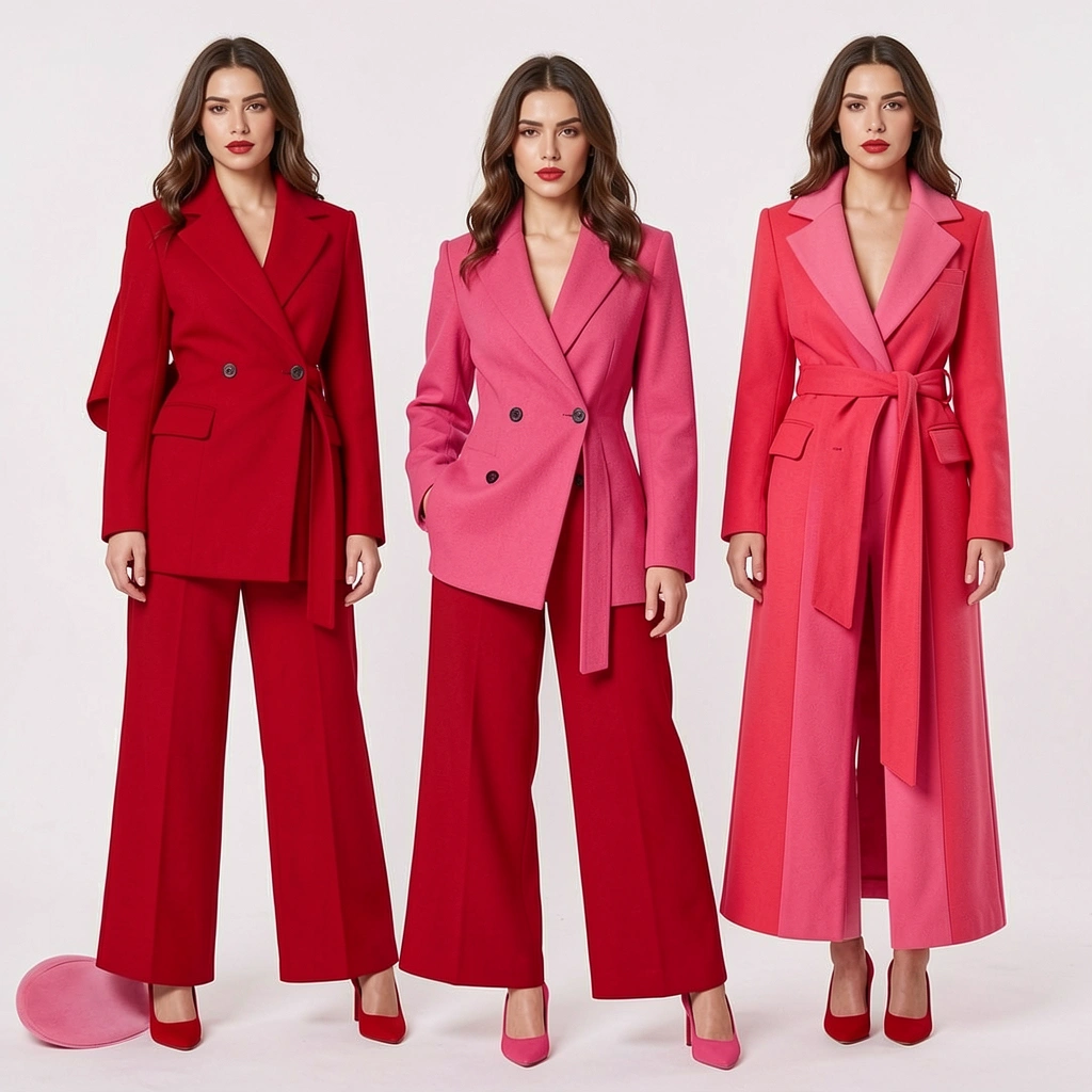 Vestido vermelho justo combinado com jaqueta rosa choque, tecidos contrastantes e iluminação suave destacando a paleta vibrante.