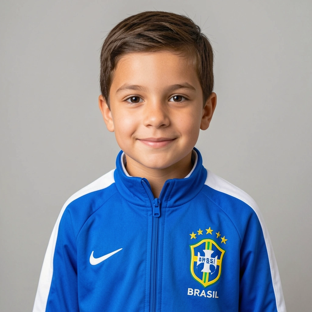 Menino de jaqueta azul vibrante da seleção brasileira com detalhes brancos e cinco estrelas douradas, fundo cinza neutro.
