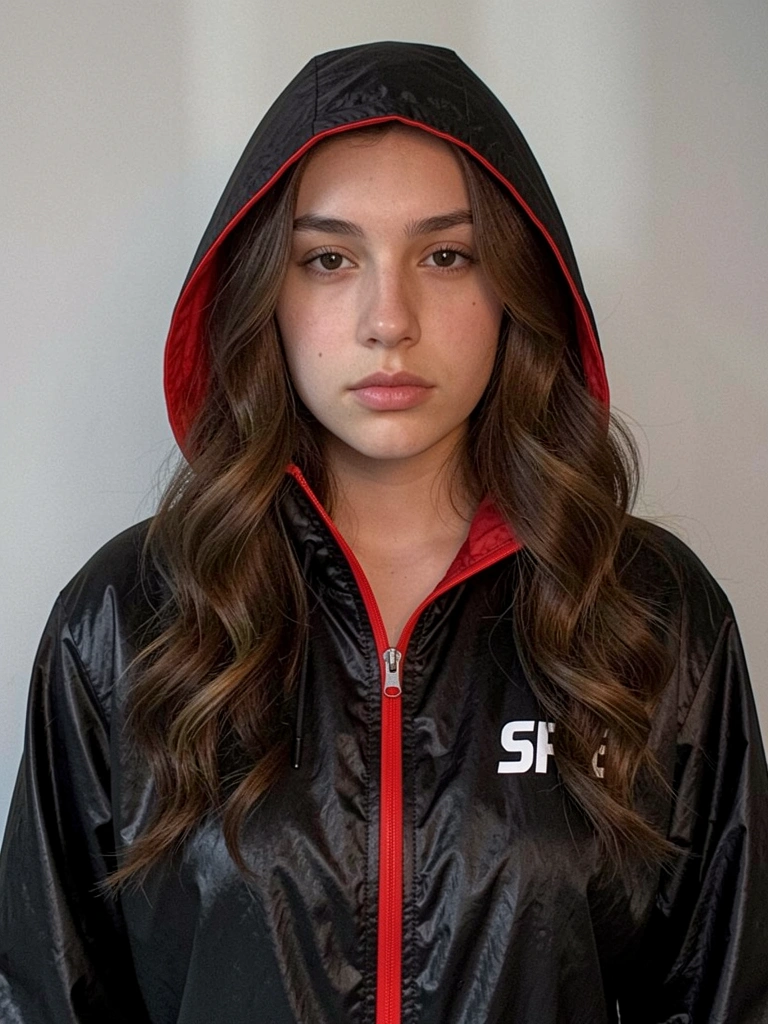 Moça de jaqueta preta com detalhe vermelho e logo do SPFC, cabelo cacheado ondulado, fundo cinza neutro.