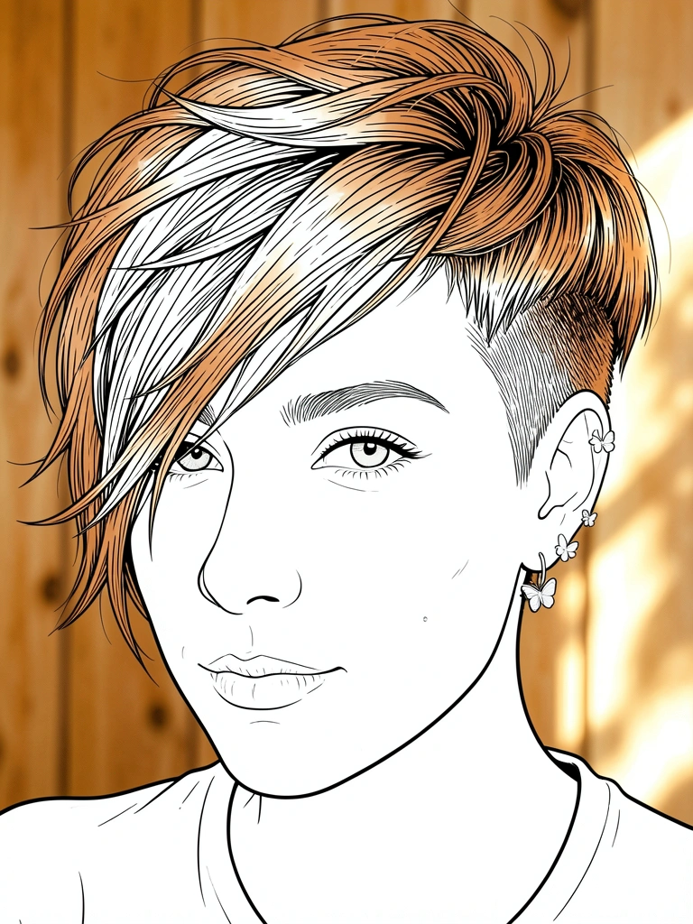 Close-up de cabelo ruivo curto e texturizado com undercut, brincos de prata com pingente de borboleta, luz natural suave e fundo de madeira desfocado.