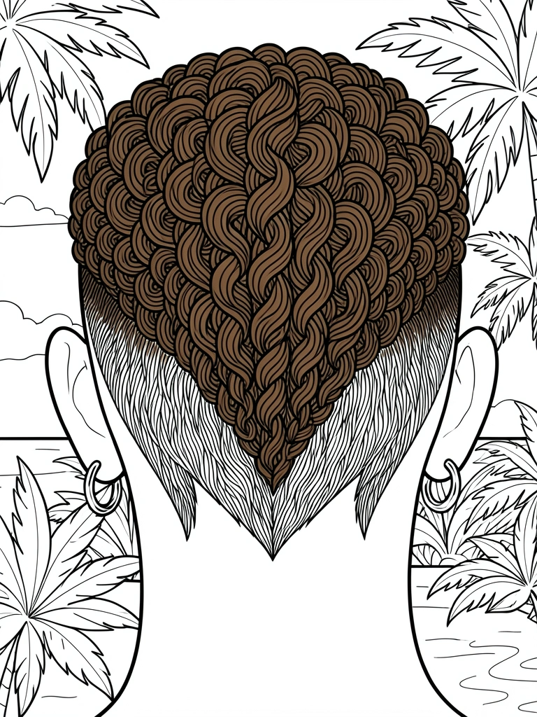 Cabelo crespo escuro em fade geométrico com formato V na nuca, brincos de argola prateados, luz natural difusa.
