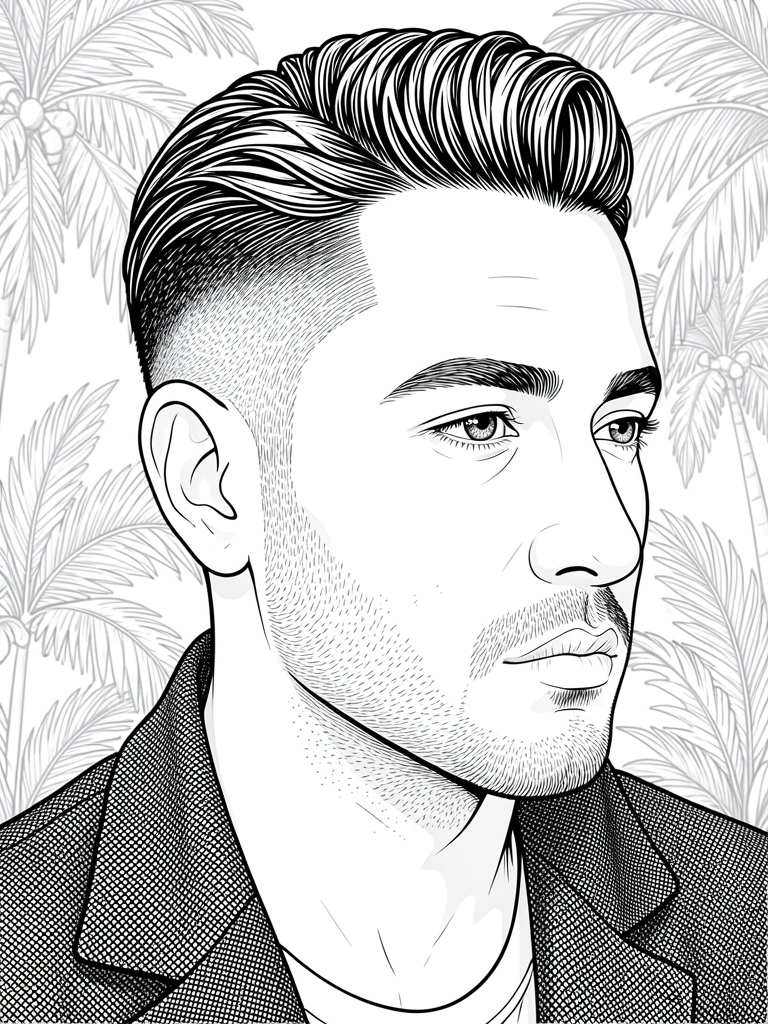 Close-up de homem com cabelo penteado para trás, undercut, jaqueta texturizada cinza escuro, luz natural, fundo tropical desfocado.