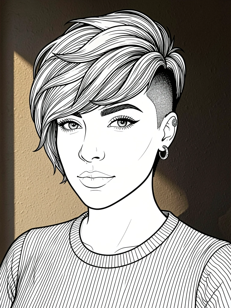 Retrato de mulher com cabelo curto em undercut e fade, textura em camadas, brincos de prata, suéter cinza canelado, fundo escuro com gradiente, luz natural.