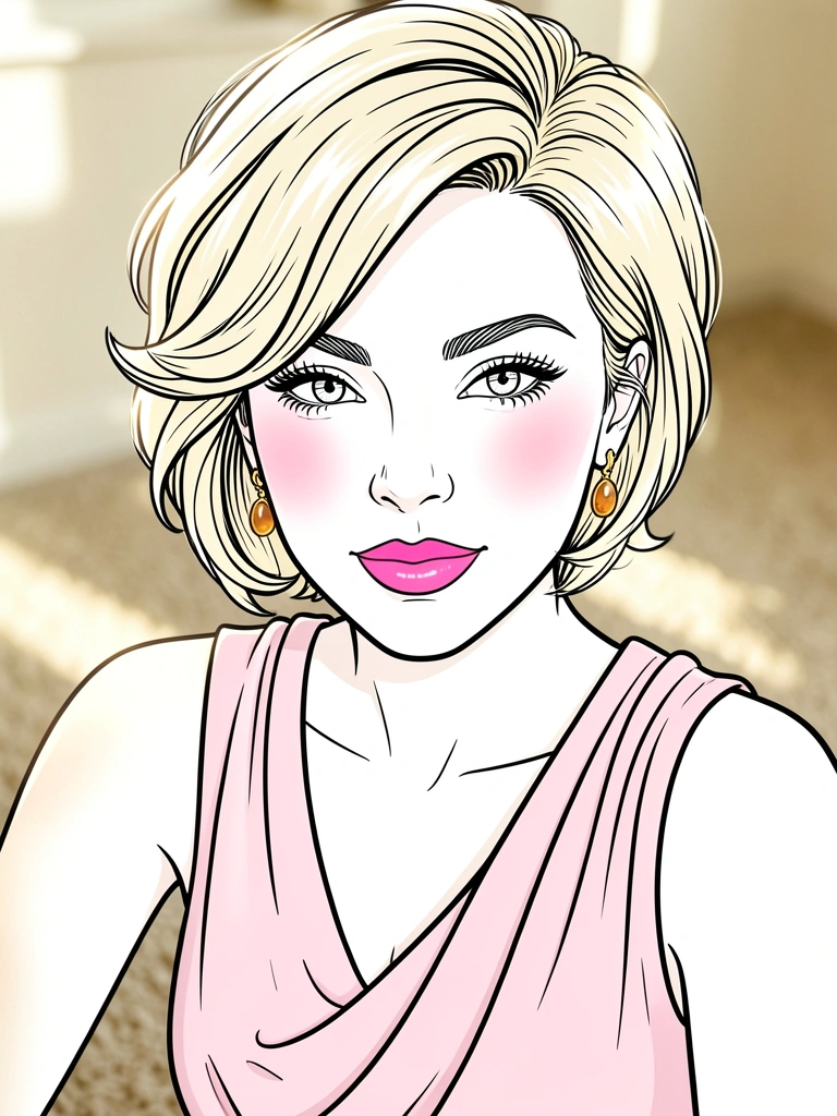 Retrato de mulher com cabelo loiro curto, vestido rosa claro sem mangas, brincos de ouro e âmbar, luz natural e fundo levemente desfocado.