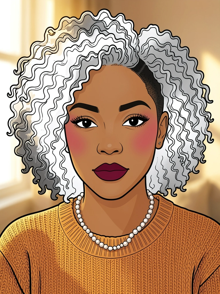 Mulher negra com cabelo crespo volumoso e undercut, colar de contas peroladas e suéter texturizado, iluminação suave com luz dourada.