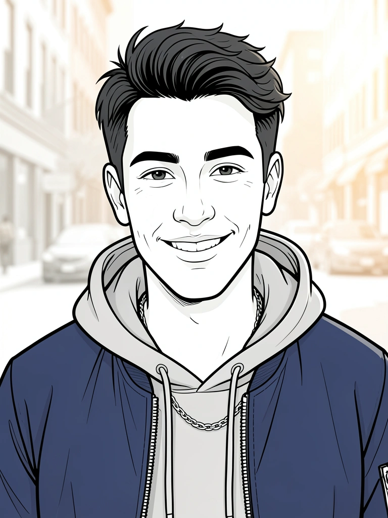 Jovem com jaqueta bomber azul-marinho, moletom cinza e colar de prata, sorrindo em rua urbana com fundo desfocado e luz natural difusa.