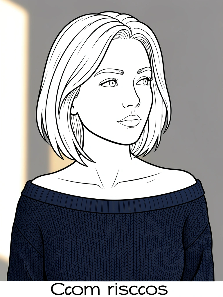 Mulher de cabelo loiro curto e suéter azul-marinho decotado, olhar pensativo para o lado, luz quente de fim de tarde, fundo cinza desfocado.