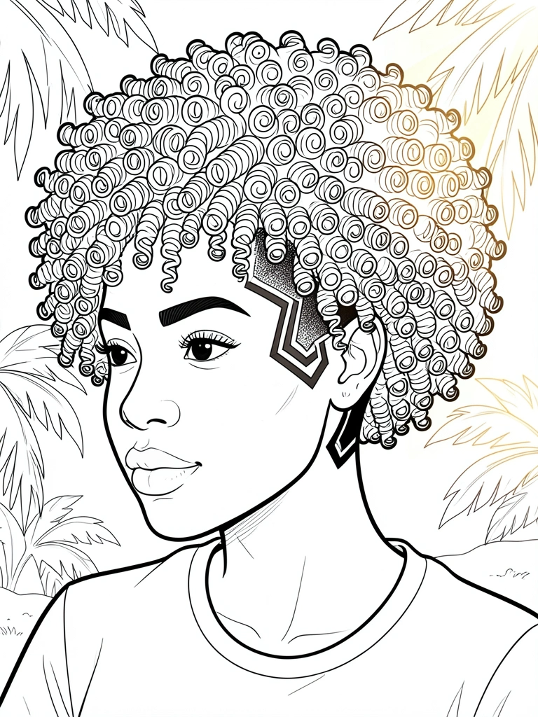 Linhas pretas nítidas em fundo branco, close de cabelo afro volumoso com padrão geométrico raspado na nuca, camiseta cinza simples.