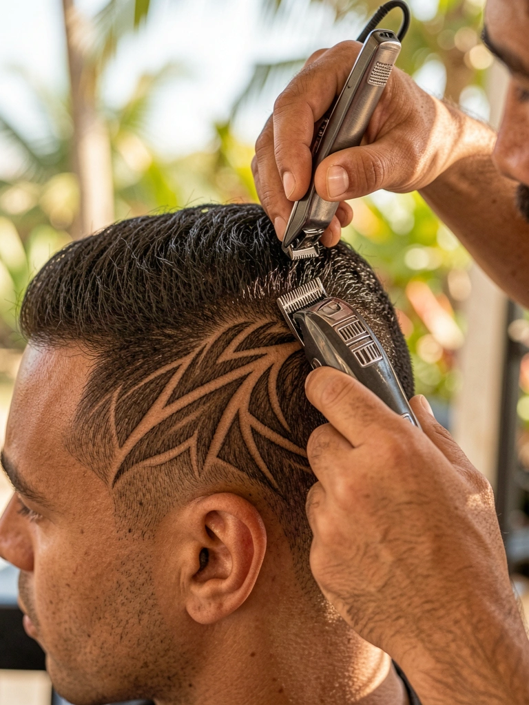 Close-up de barbeiro criando padrão geométrico com navalha e máquina em cabelo escuro masculino, luz natural e folhagens tropicais desfocadas ao fundo.