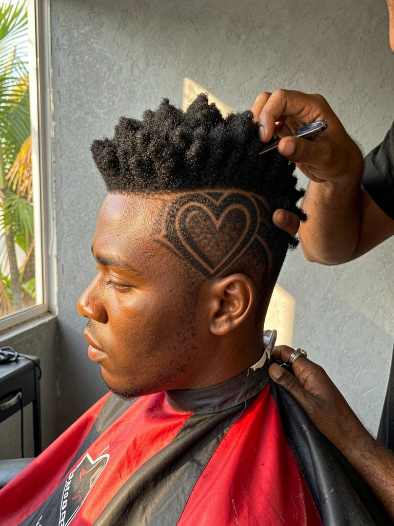 Jovem negro de cabelo crespo volumoso recebendo corte com desenho geométrico de coração, barbeiro concentrado, luz natural e capa vermelha e preta.