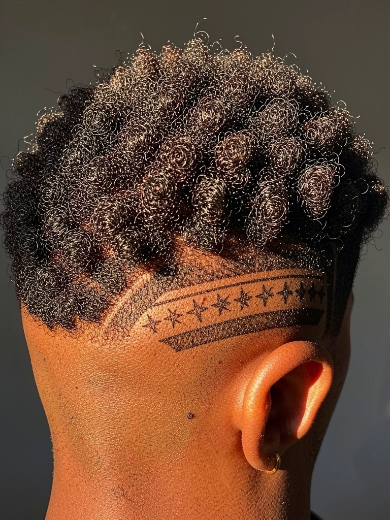 Jovem negro com cabelo afro cacheado e desenhos geométricos na nuca, luz difusa e brinco dourado.