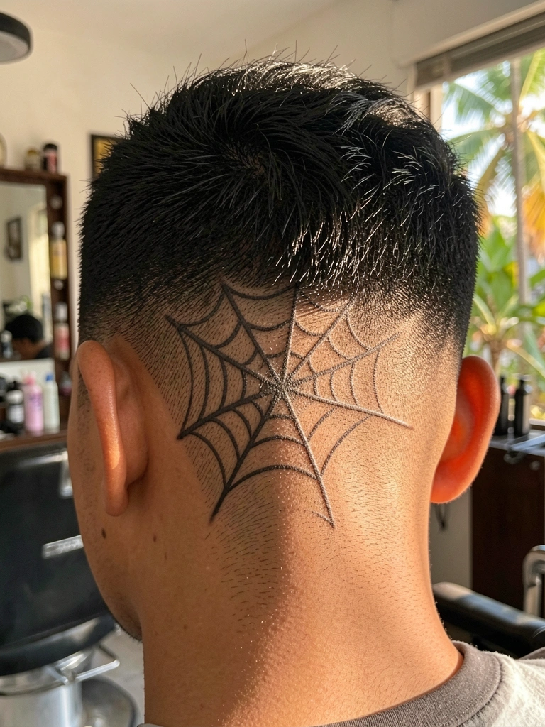 Jovem com cabelo preto texturizado e fade, com desenho geométrico de teia de aranha na nuca, iluminado por luz natural suave.