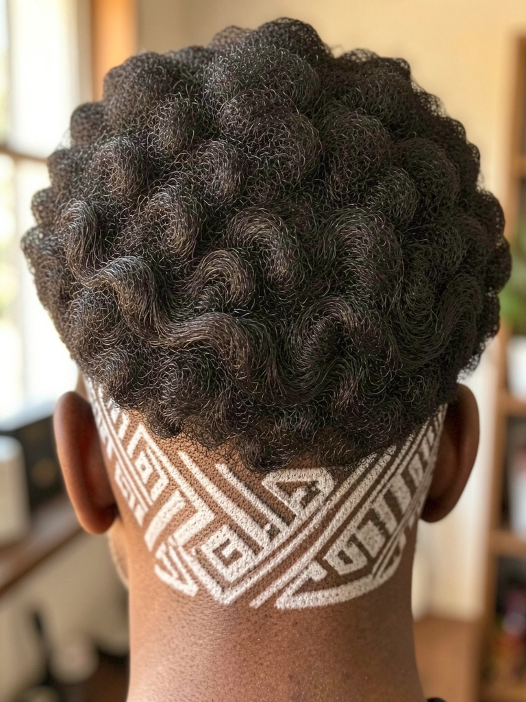 Afro texturizado com undercut e padrões geométricos brancos raspados na nuca, luz natural difusa e fundo levemente desfocado.