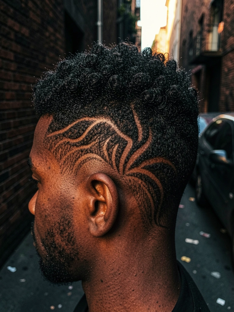 Homem negro com cabelo afro em undercut geométrico com ondas simétricas, paredes de tijolo e carro ao fundo em beco ao entardecer.