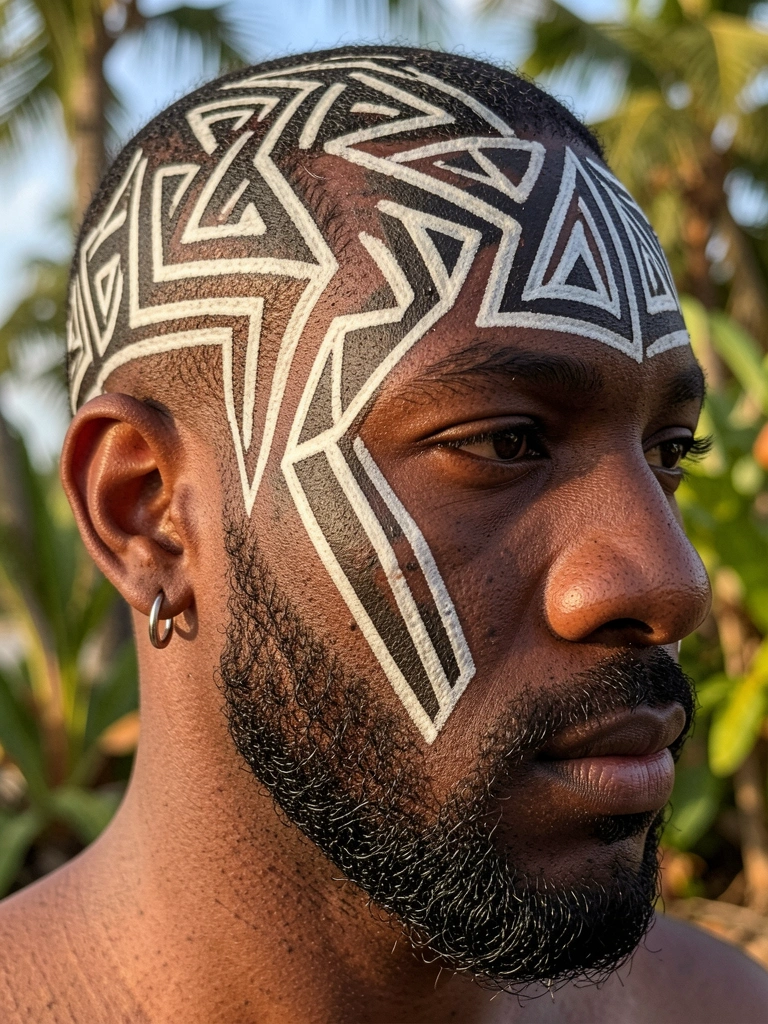 Close-up de homem negro com padrões geométricos brancos raspados no cabelo e barba, argola prateada na orelha esquerda, fundo desfocado com folhagens tropicais.