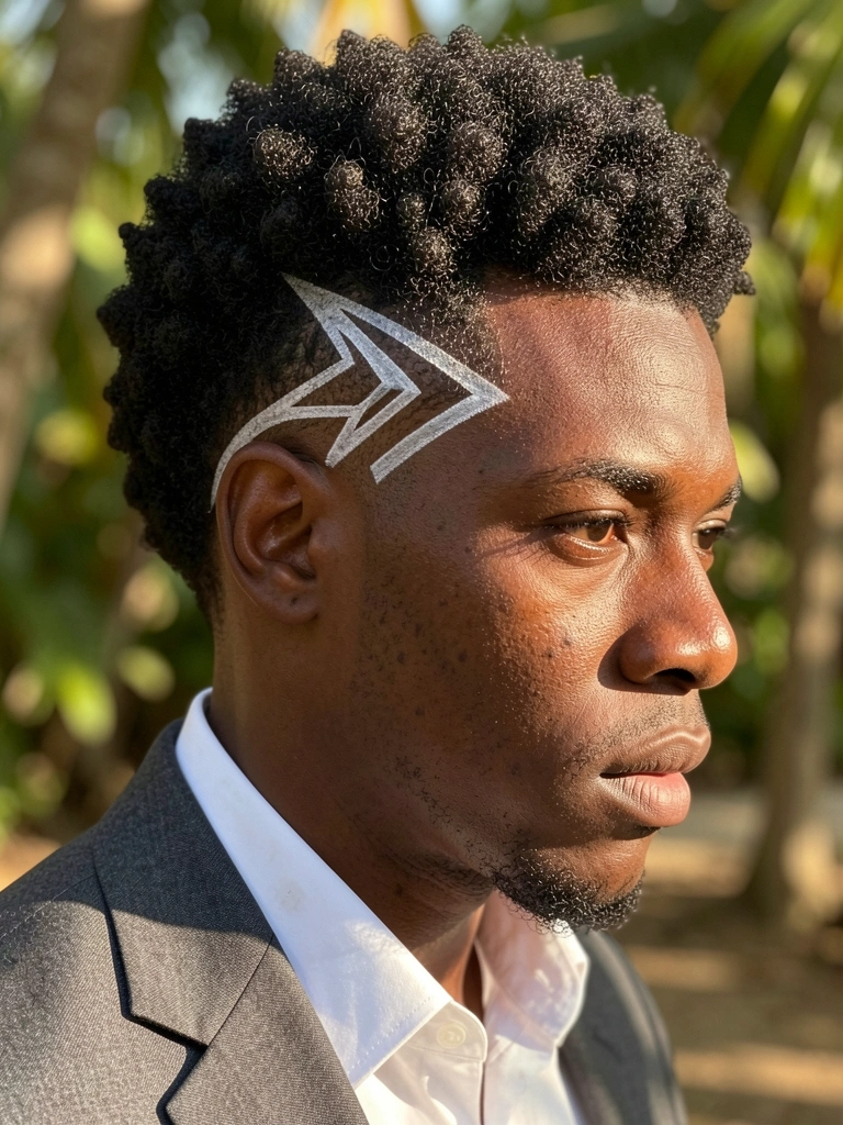 Homem negro com cabelo afro texturizado e design geométrico raspado na lateral, usando terno cinza escuro e camisa branca, iluminado por luz natural suave.
